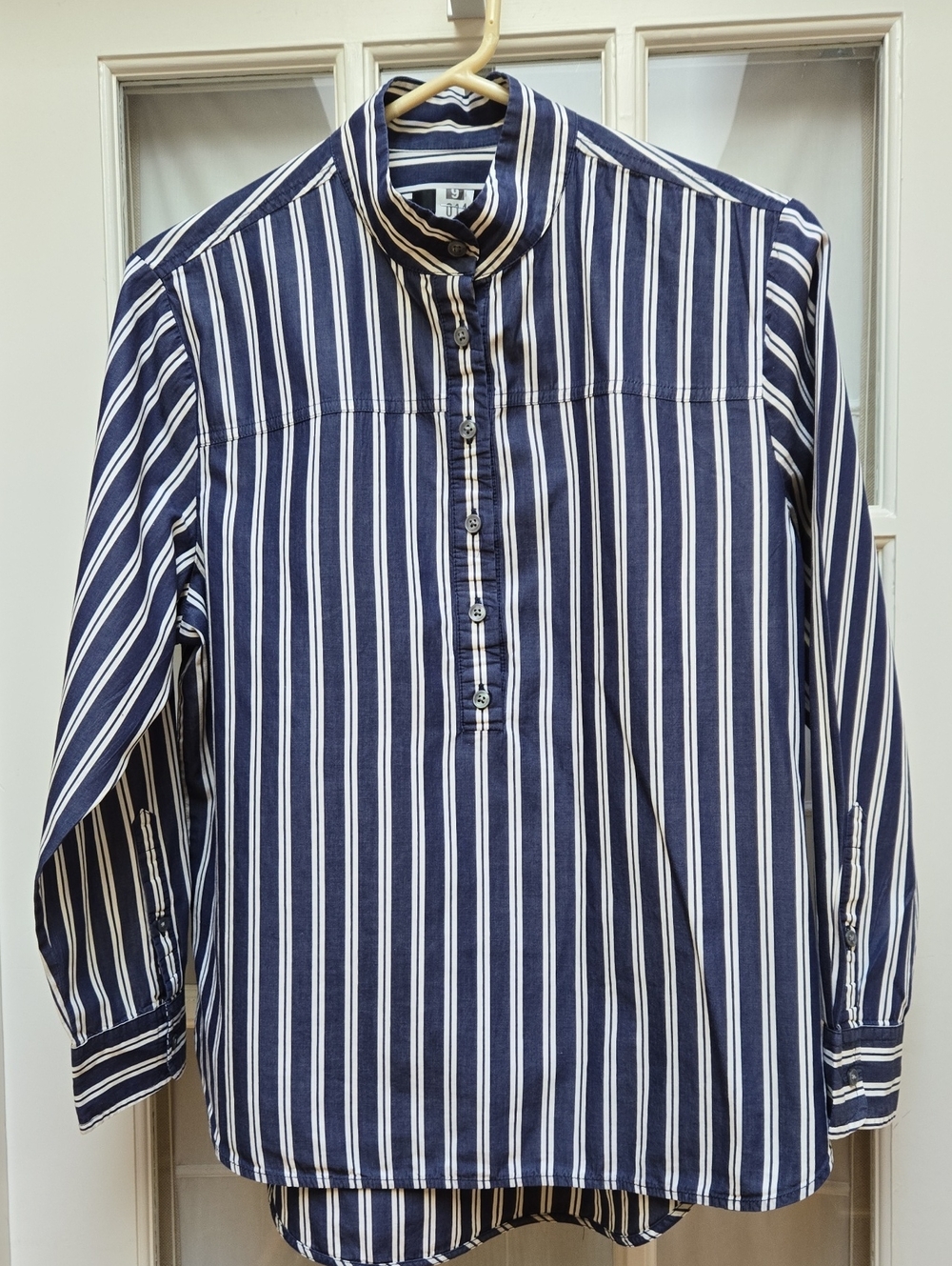 J. Crew Navy and Off White Vertical Stripe Stand Up Collar Blouse
